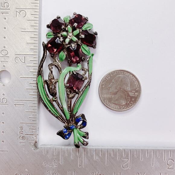 Vintage 1930s Floral Bouquet Brooch Purple Glass Enamel Pot Metal Jewelry Pin - Picture 10 of 15